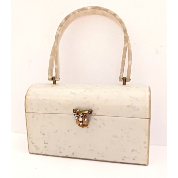 VTG 50s Lucite Box Purse Ivory Pearl Marble Jewel Clasp Twist Top Handle - Picture 1 of 13